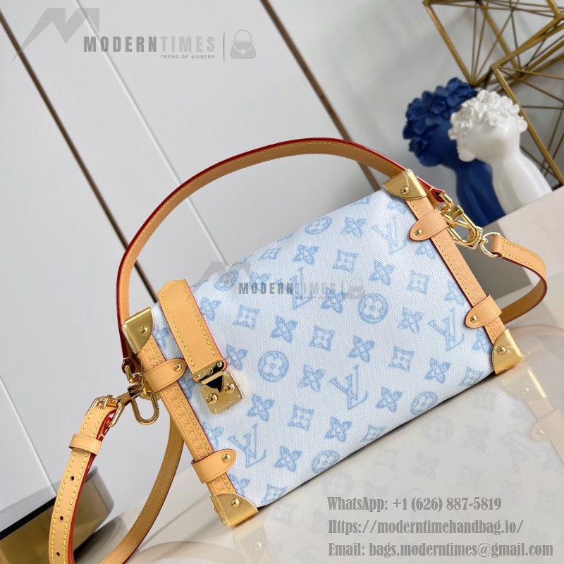 Louis Vuitton-inspired Side Trunk medium replica handbag in Monogram Bleu Courrier style
