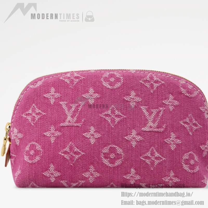 Louis Vuitton-inspired Pochette Cosmétique small replica cosmetic pouch in rose pink and blue Monogram denim style