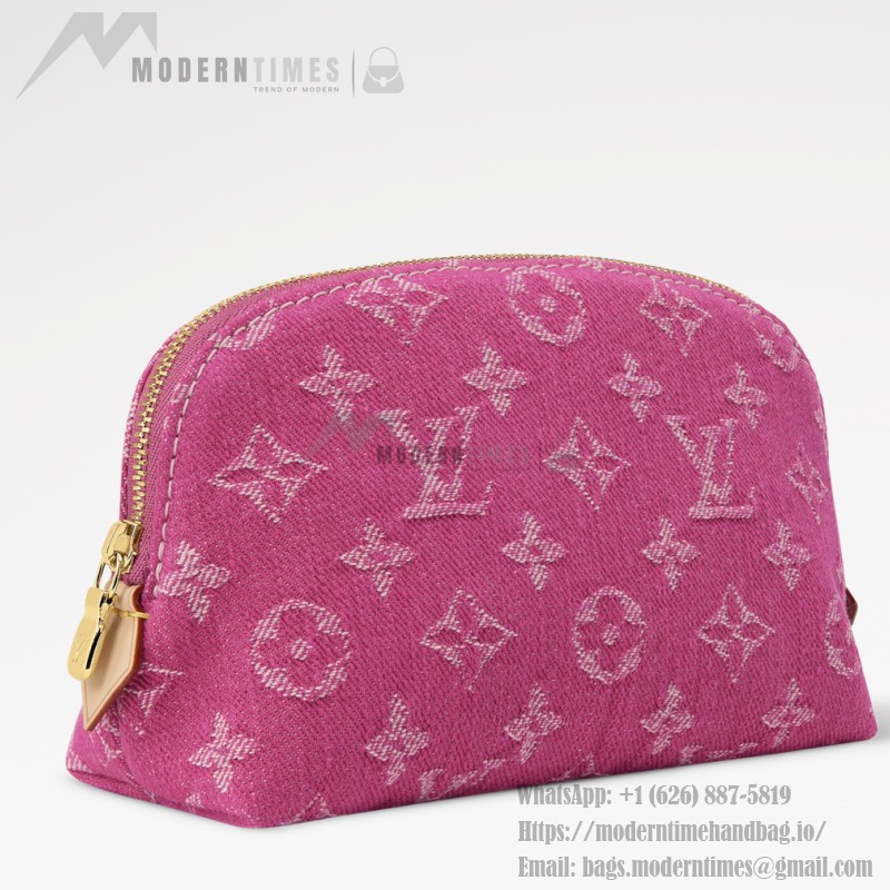 Louis Vuitton-inspired Pochette Cosmétique small replica cosmetic pouch in rose pink and blue Monogram denim style