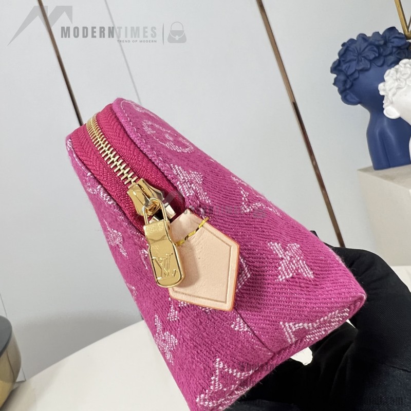 Louis Vuitton-inspired Pochette Cosmétique small replica cosmetic pouch in rose pink and blue Monogram denim style