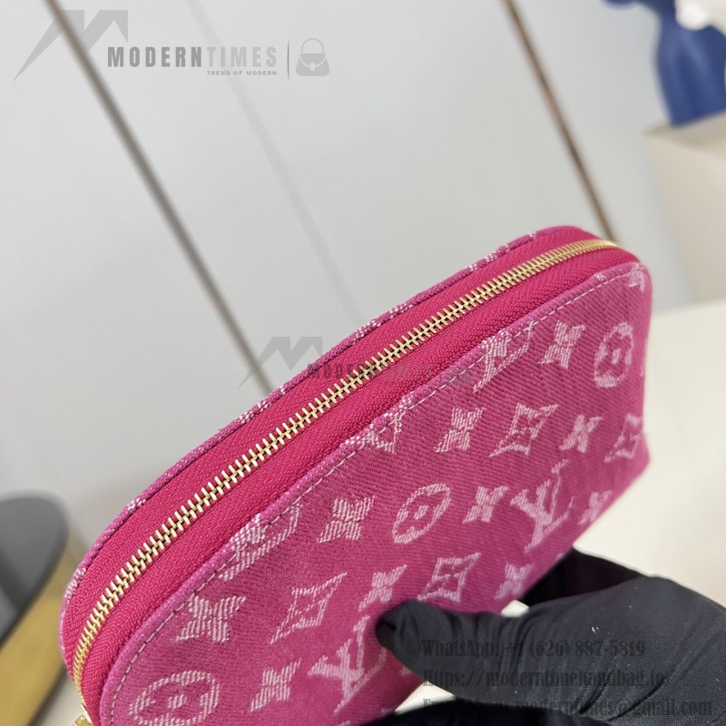 Louis Vuitton-inspired Pochette Cosmétique small replica cosmetic pouch in rose pink and blue Monogram denim style