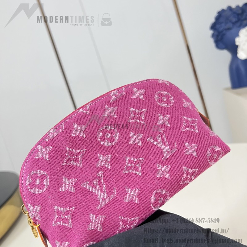 Louis Vuitton-inspired Pochette Cosmétique small replica cosmetic pouch in rose pink and blue Monogram denim style