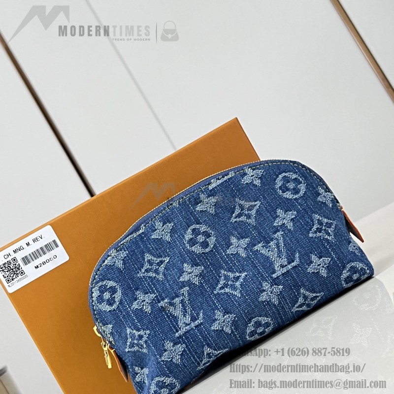 Louis Vuitton-inspired Pochette Cosmétique small replica cosmetic pouch in rose pink and blue Monogram denim style