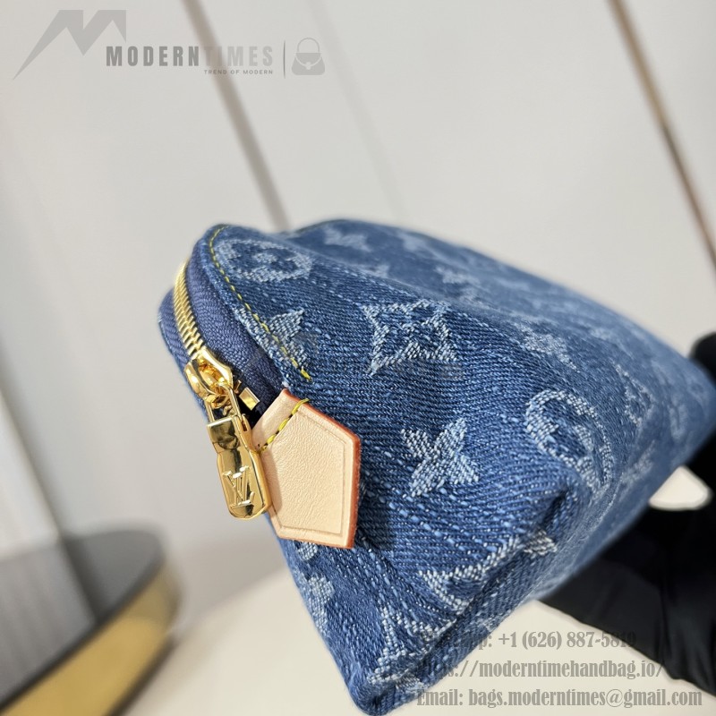 Louis Vuitton-inspired Pochette Cosmétique small replica cosmetic pouch in rose pink and blue Monogram denim style