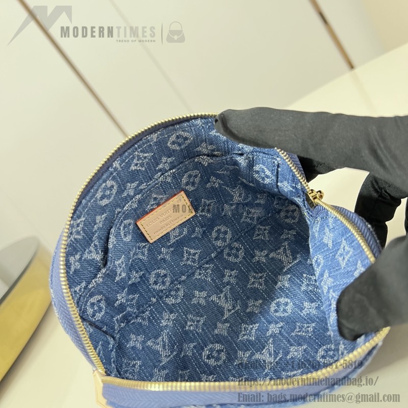 Louis Vuitton-inspired Pochette Cosmétique small replica cosmetic pouch in rose pink and blue Monogram denim style