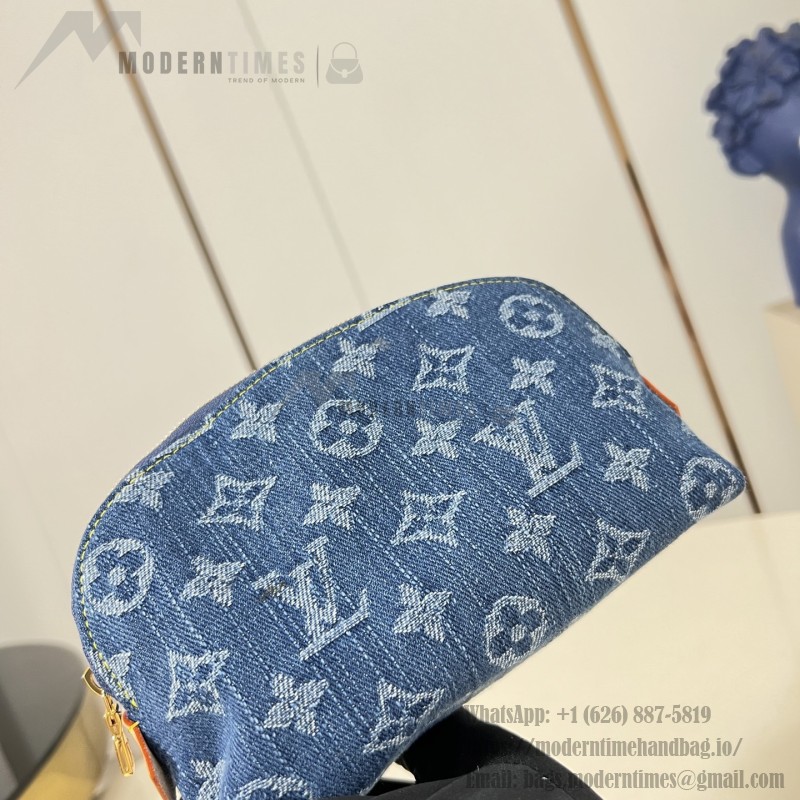 Louis Vuitton-inspired Pochette Cosmétique small replica cosmetic pouch in rose pink and blue Monogram denim style