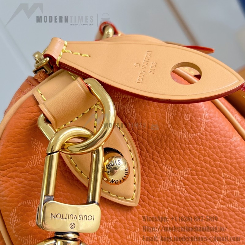 Louis Vuitton-inspired Speedy P9 Bandoulière 20 replica handbag in black silver and orange glossy leather style