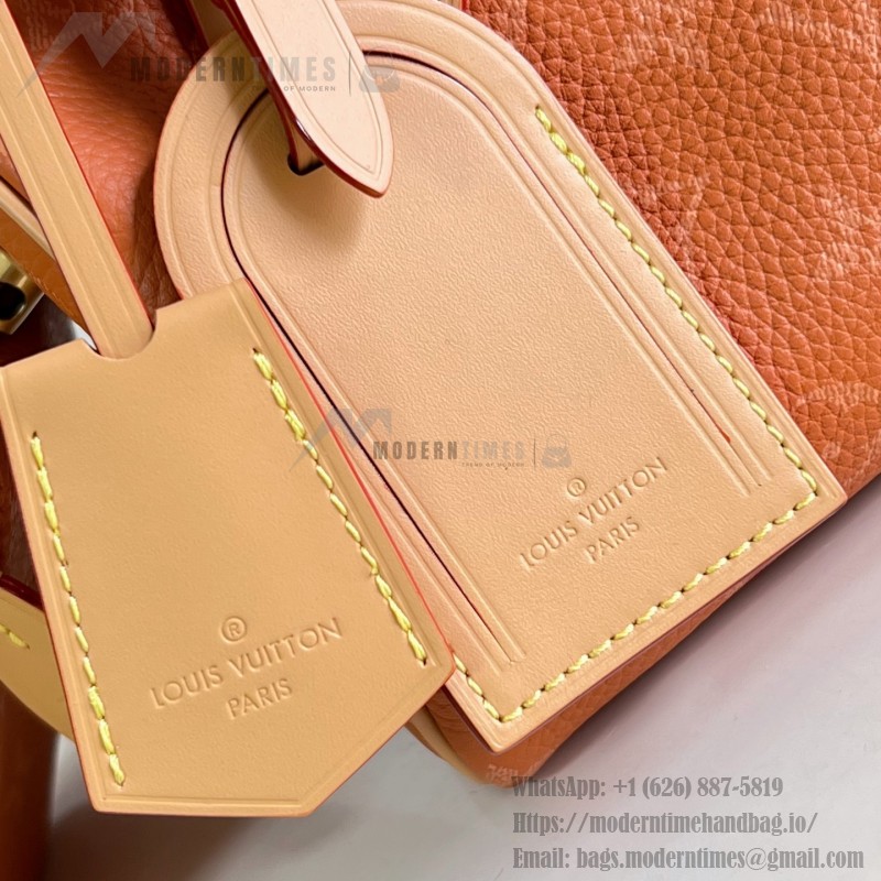 Louis Vuitton-inspired Speedy P9 Bandoulière 20 replica handbag in black silver and orange glossy leather style