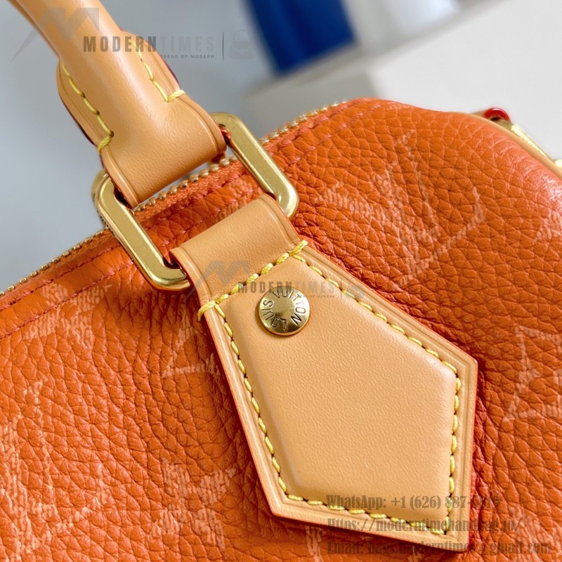 Louis Vuitton-inspired Speedy P9 Bandoulière 20 replica handbag in black silver and orange glossy leather style