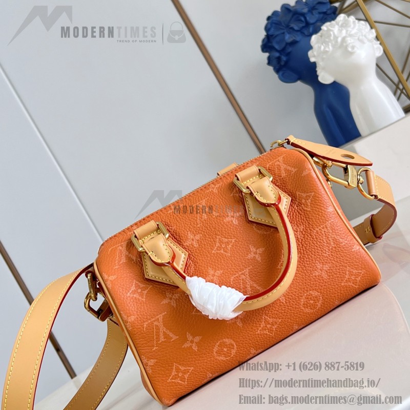 Louis Vuitton-inspired Speedy P9 Bandoulière 20 replica handbag in black silver and orange glossy leather style