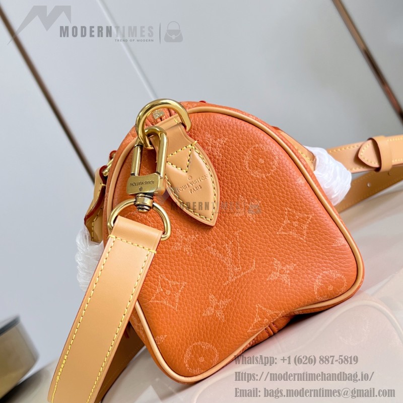 Louis Vuitton-inspired Speedy P9 Bandoulière 20 replica handbag in black silver and orange glossy leather style