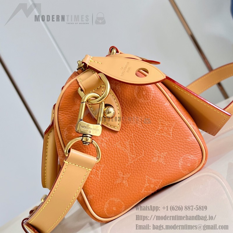 Louis Vuitton-inspired Speedy P9 Bandoulière 20 replica handbag in black silver and orange glossy leather style