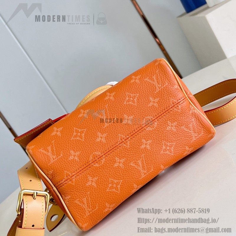 Louis Vuitton-inspired Speedy P9 Bandoulière 20 replica handbag in black silver and orange glossy leather style