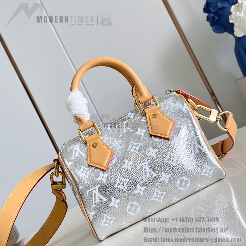 Louis Vuitton-inspired Speedy P9 Bandoulière 20 replica handbag in black silver and orange glossy leather style