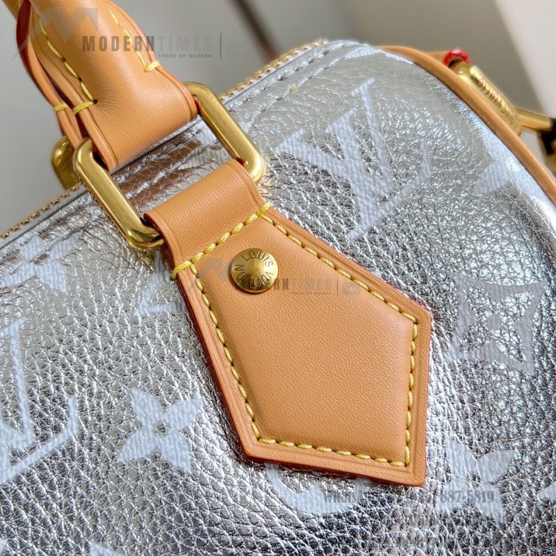 Louis Vuitton-inspired Speedy P9 Bandoulière 20 replica handbag in black silver and orange glossy leather style