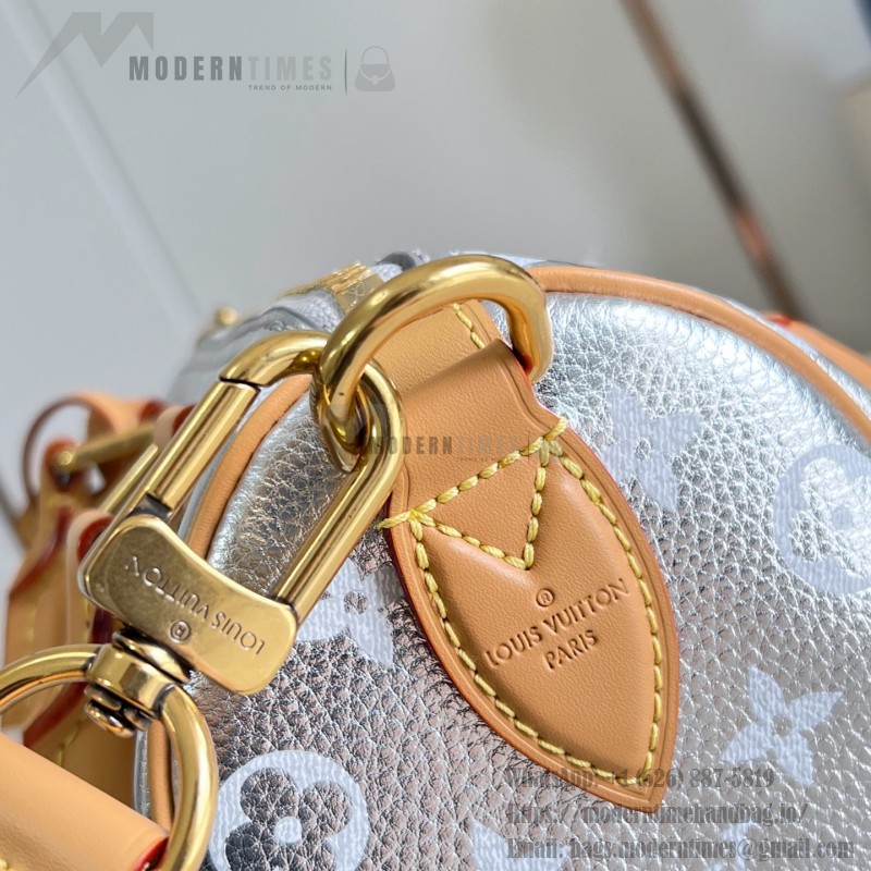 Louis Vuitton-inspired Speedy P9 Bandoulière 20 replica handbag in black silver and orange glossy leather style