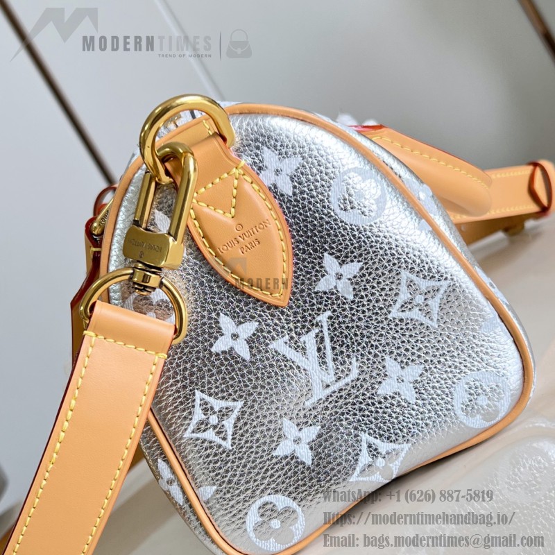 Louis Vuitton-inspired Speedy P9 Bandoulière 20 replica handbag in black silver and orange glossy leather style