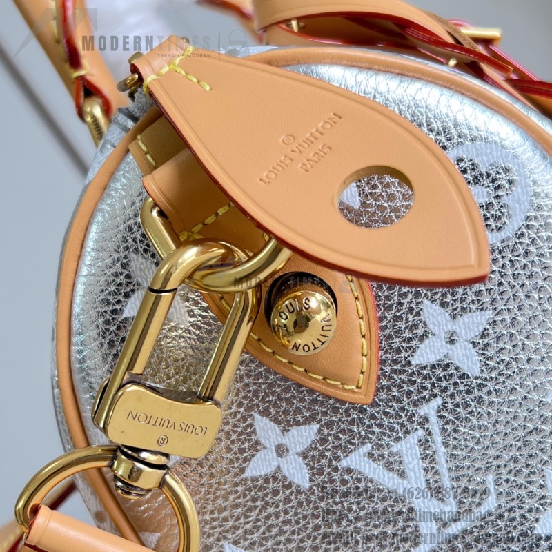 Louis Vuitton-inspired Speedy P9 Bandoulière 20 replica handbag in black silver and orange glossy leather style