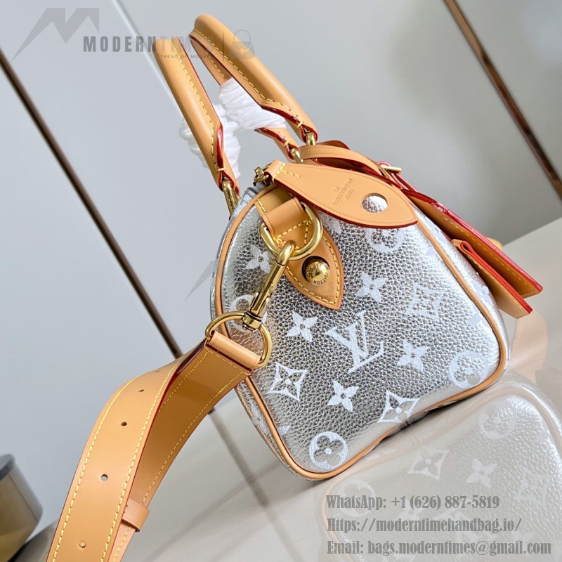 Louis Vuitton-inspired Speedy P9 Bandoulière 20 replica handbag in black silver and orange glossy leather style
