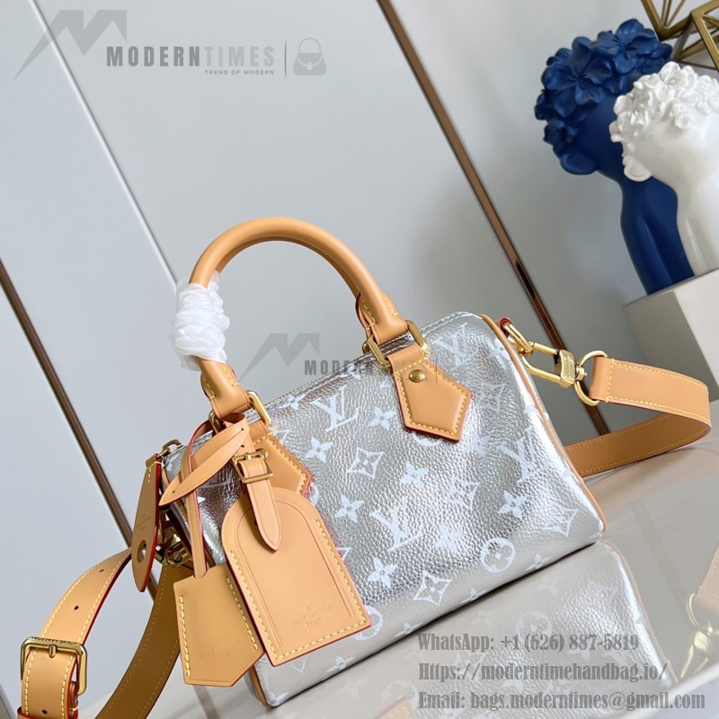 Louis Vuitton-inspired Speedy P9 Bandoulière 20 replica handbag in black silver and orange glossy leather style