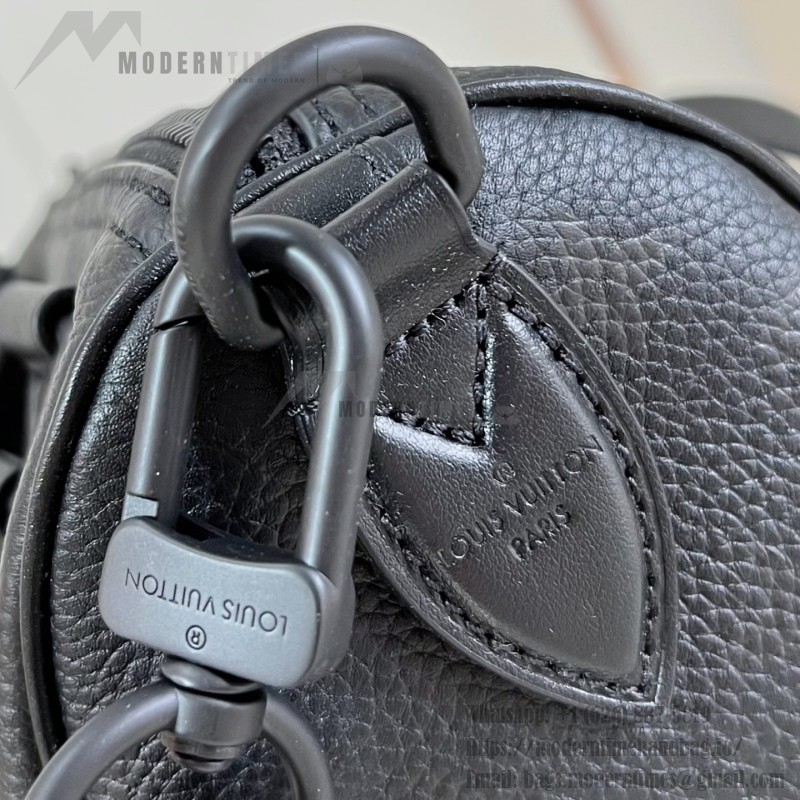 Louis Vuitton-inspired Speedy P9 Bandoulière 20 replica handbag in black silver and orange glossy leather style
