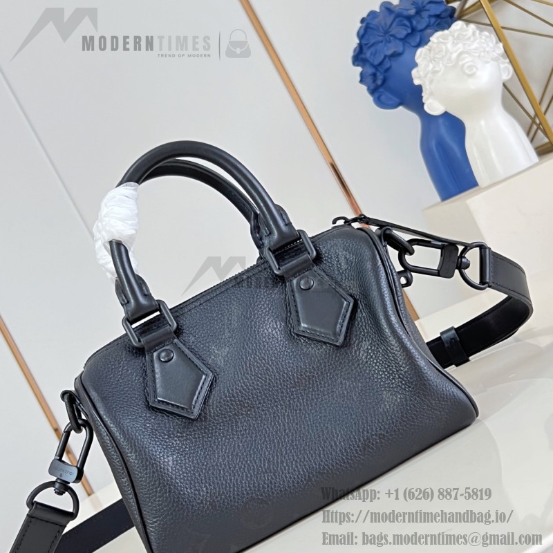 Louis Vuitton-inspired Speedy P9 Bandoulière 20 replica handbag in black silver and orange glossy leather style