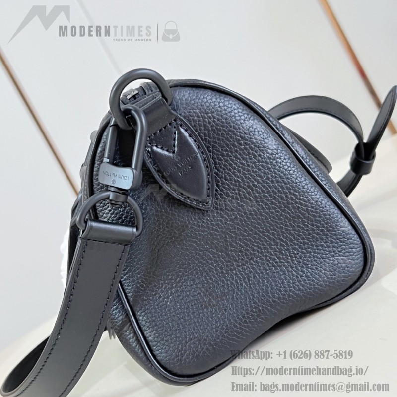 Louis Vuitton-inspired Speedy P9 Bandoulière 20 replica handbag in black silver and orange glossy leather style