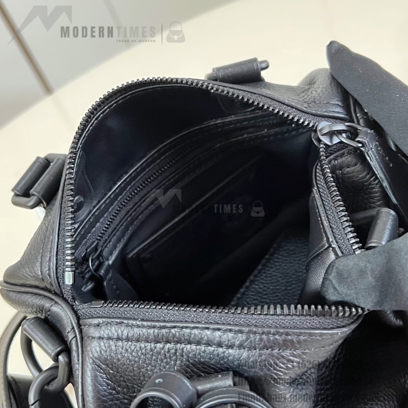Louis Vuitton-inspired Speedy P9 Bandoulière 20 replica handbag in black silver and orange glossy leather style