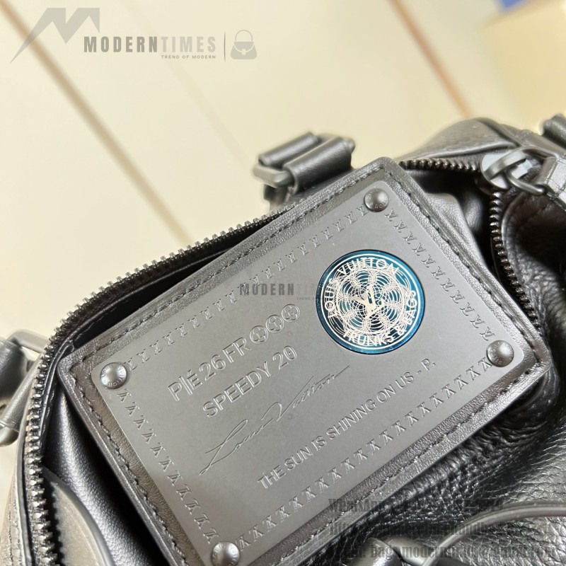 Louis Vuitton-inspired Speedy P9 Bandoulière 20 replica handbag in black silver and orange glossy leather style