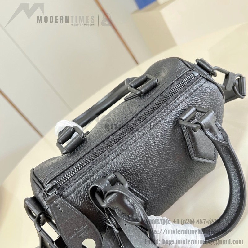 Louis Vuitton-inspired Speedy P9 Bandoulière 20 replica handbag in black silver and orange glossy leather style