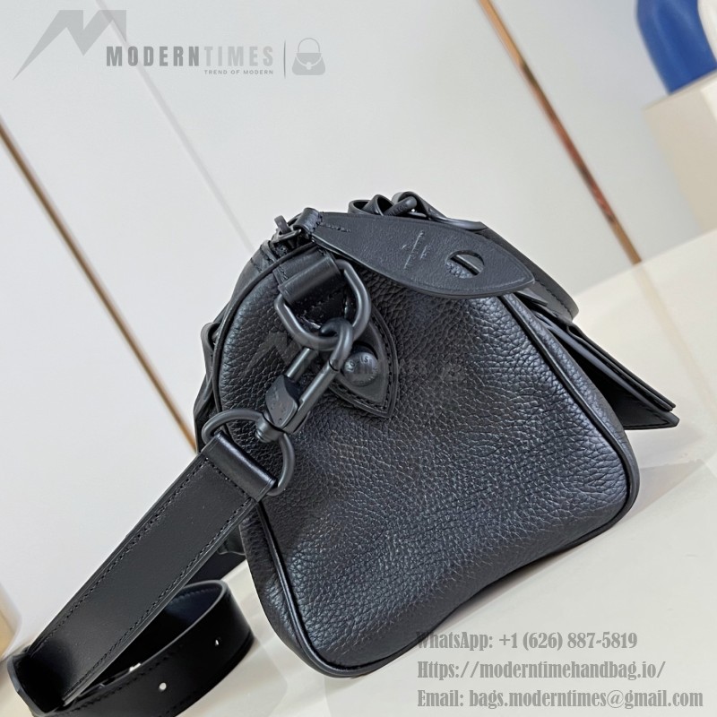 Louis Vuitton-inspired Speedy P9 Bandoulière 20 replica handbag in black silver and orange glossy leather style