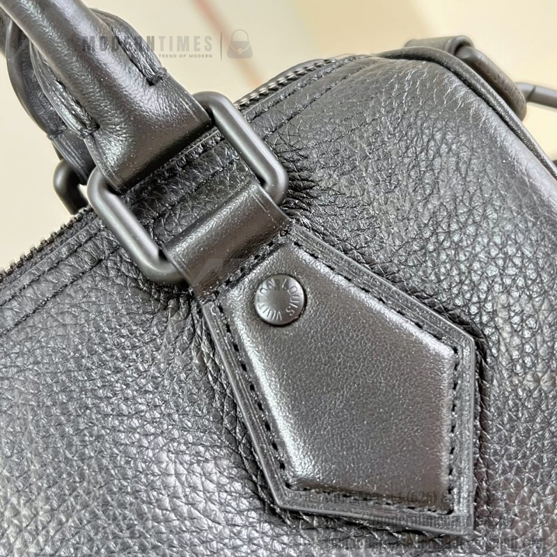 Louis Vuitton-inspired Speedy P9 Bandoulière 20 replica handbag in black silver and orange glossy leather style