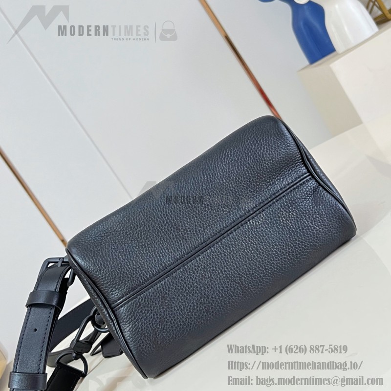 Louis Vuitton-inspired Speedy P9 Bandoulière 20 replica handbag in black silver and orange glossy leather style