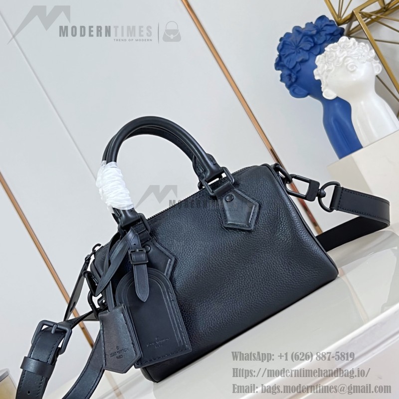 Louis Vuitton-inspired Speedy P9 Bandoulière 20 replica handbag in black silver and orange glossy leather style