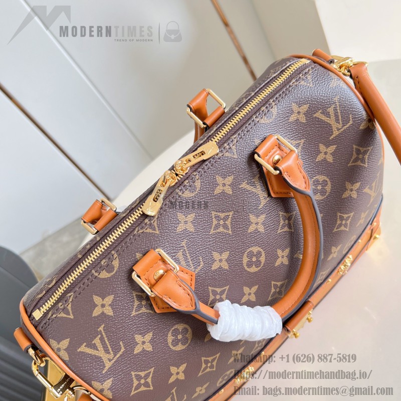 Louis Vuitton-inspired Out Of The Trunk Speedy 30 replica handbag with Monogram-style upper and metal trunk-style corners