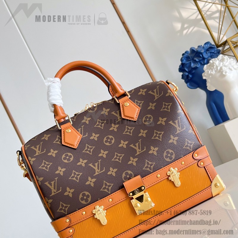 Louis Vuitton-inspired Out Of The Trunk Speedy 30 replica handbag with Monogram-style upper and metal trunk-style corners