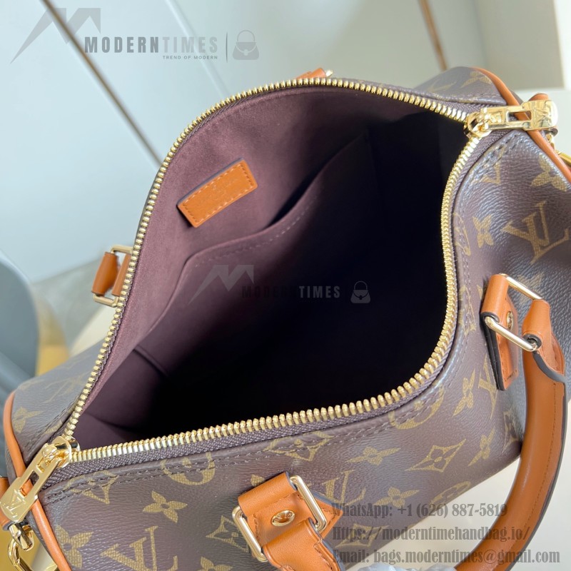 Louis Vuitton-inspired Out Of The Trunk Speedy 30 replica handbag with Monogram-style upper and metal trunk-style corners