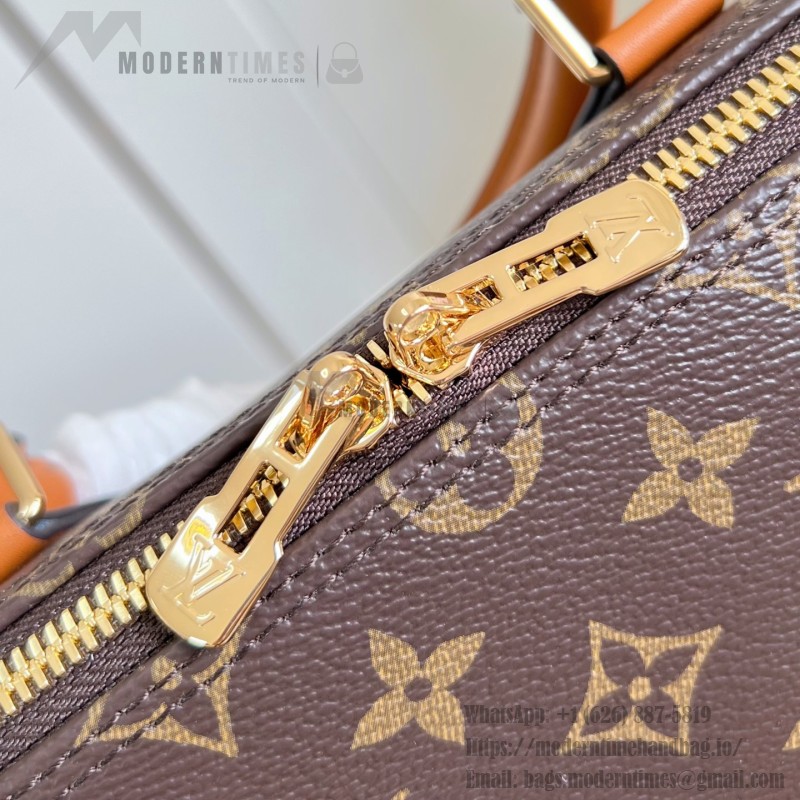 Louis Vuitton-inspired Out Of The Trunk Speedy 30 replica handbag with Monogram-style upper and metal trunk-style corners