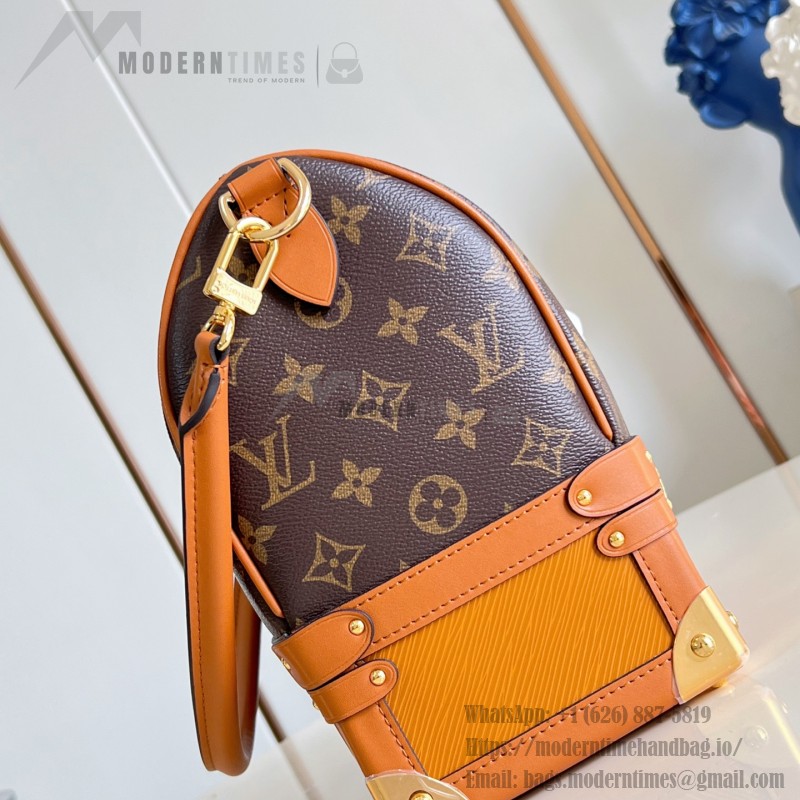 Louis Vuitton-inspired Out Of The Trunk Speedy 30 replica handbag with Monogram-style upper and metal trunk-style corners