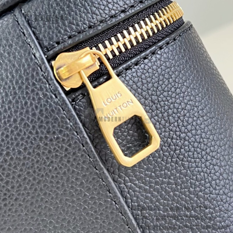 Louis Vuitton-inspired Low Key Vanity Pouch replica handbag in brown and black with brass-style lock