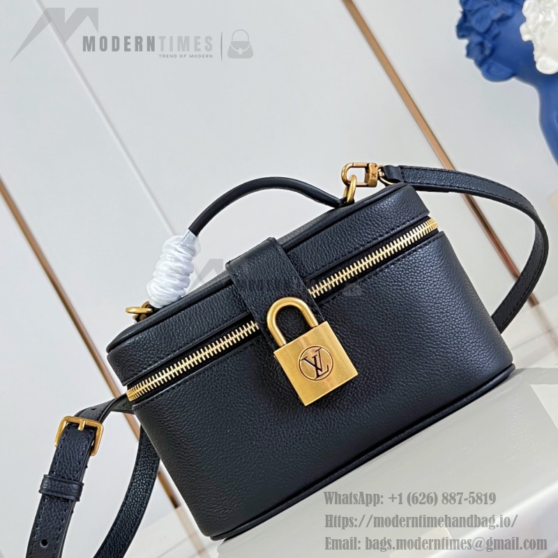 Louis Vuitton-inspired Low Key Vanity Pouch replica handbag in brown and black with brass-style lock