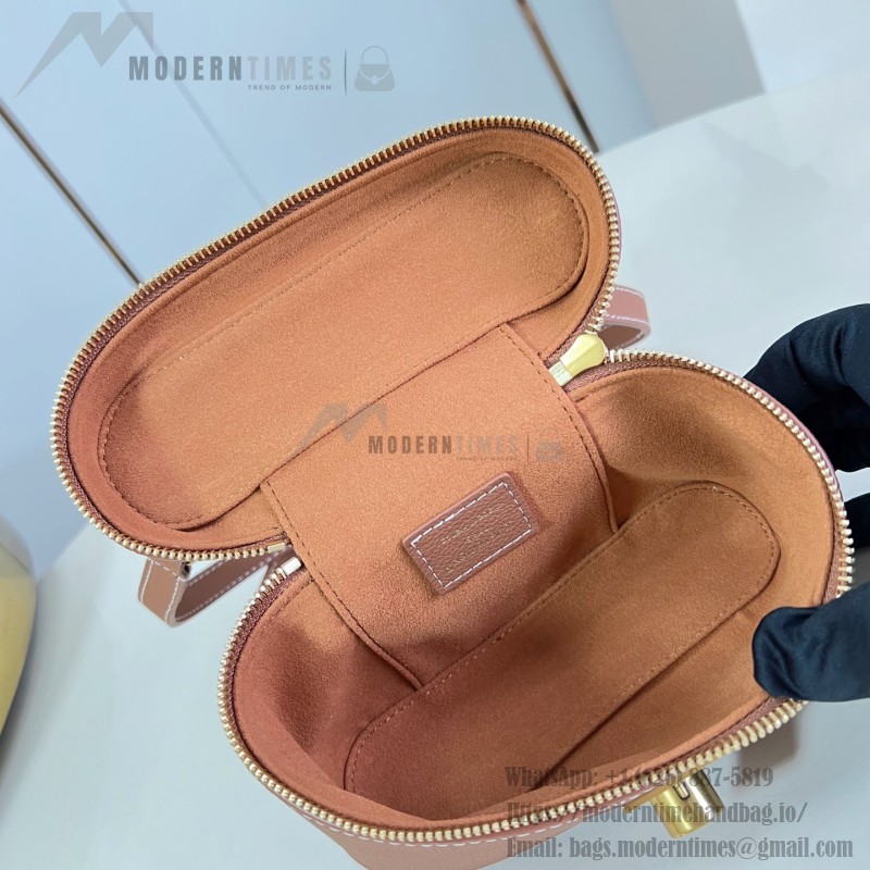 Louis Vuitton-inspired Low Key Vanity Pouch replica handbag in brown and black with brass-style lock
