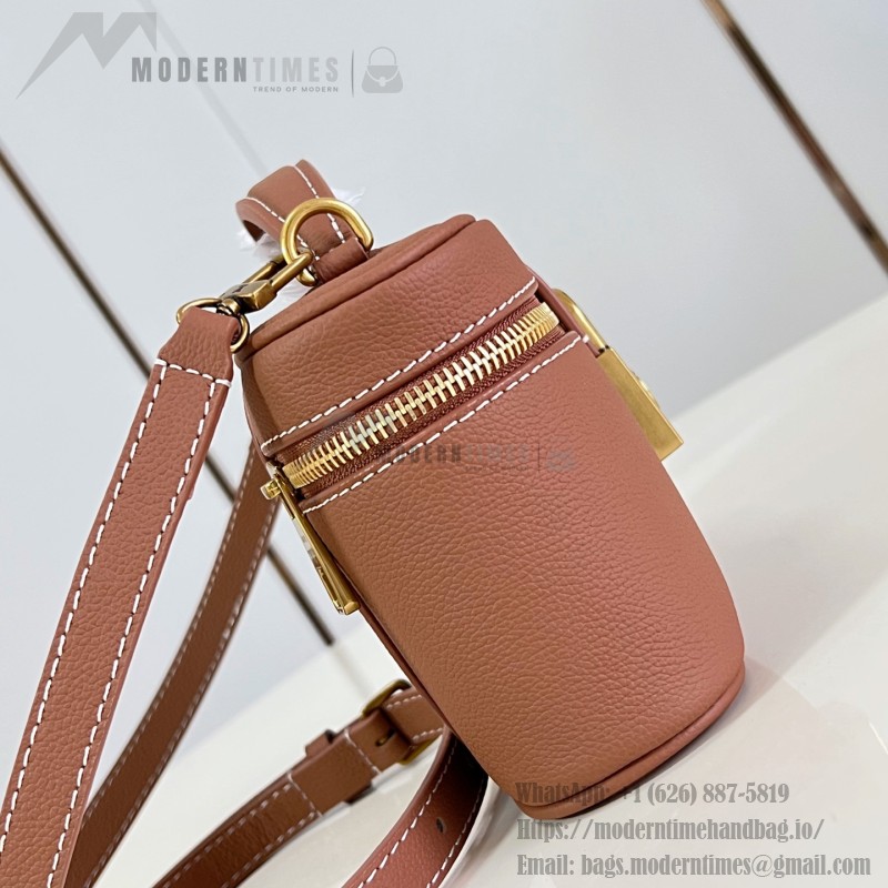 Louis Vuitton-inspired Low Key Vanity Pouch replica handbag in brown and black with brass-style lock