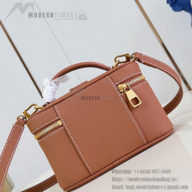 Louis Vuitton-inspired Low Key Vanity Pouch replica handbag in brown and black with brass-style lock