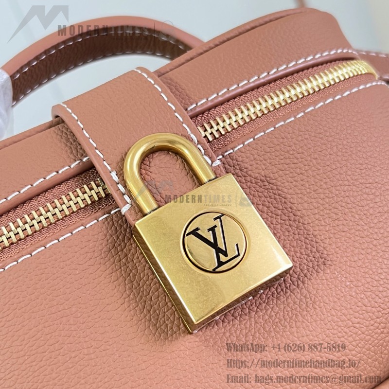 Louis Vuitton-inspired Low Key Vanity Pouch replica handbag in brown and black with brass-style lock