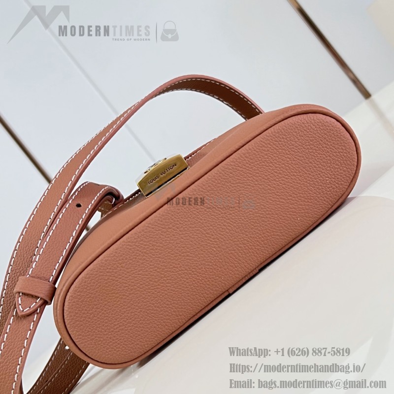 Louis Vuitton-inspired Low Key Vanity Pouch replica handbag in brown and black with brass-style lock