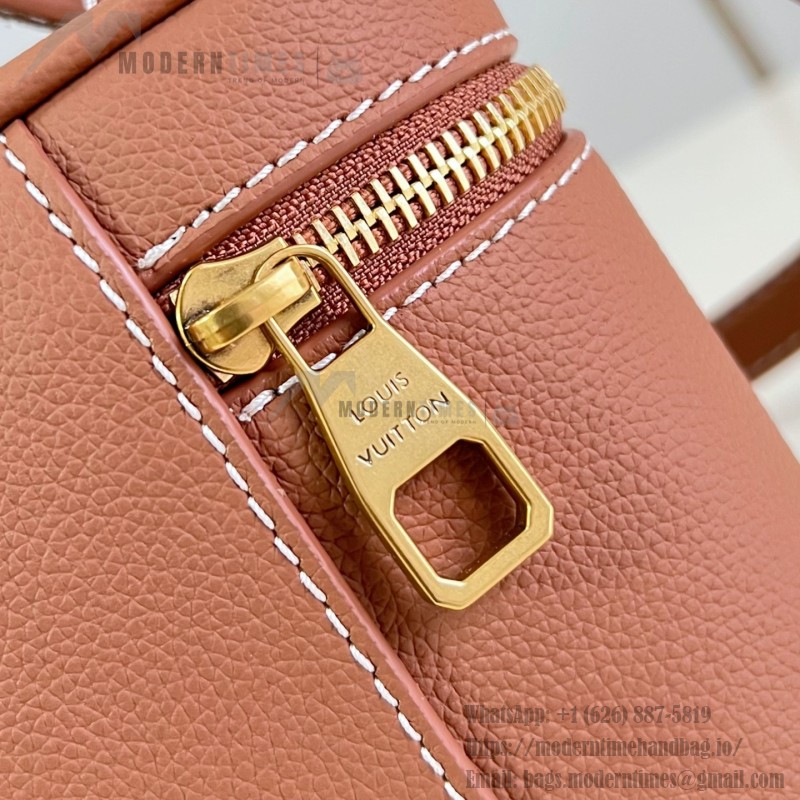 Louis Vuitton-inspired Low Key Vanity Pouch replica handbag in brown and black with brass-style lock