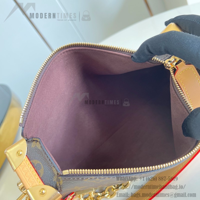  Louis Vuitton-inspired Side Trunk East West replica handbag in Monogram-style canvas with chain and trunk-style corners