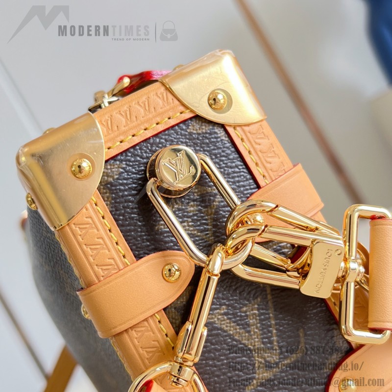  Louis Vuitton-inspired Side Trunk East West replica handbag in Monogram-style canvas with chain and trunk-style corners