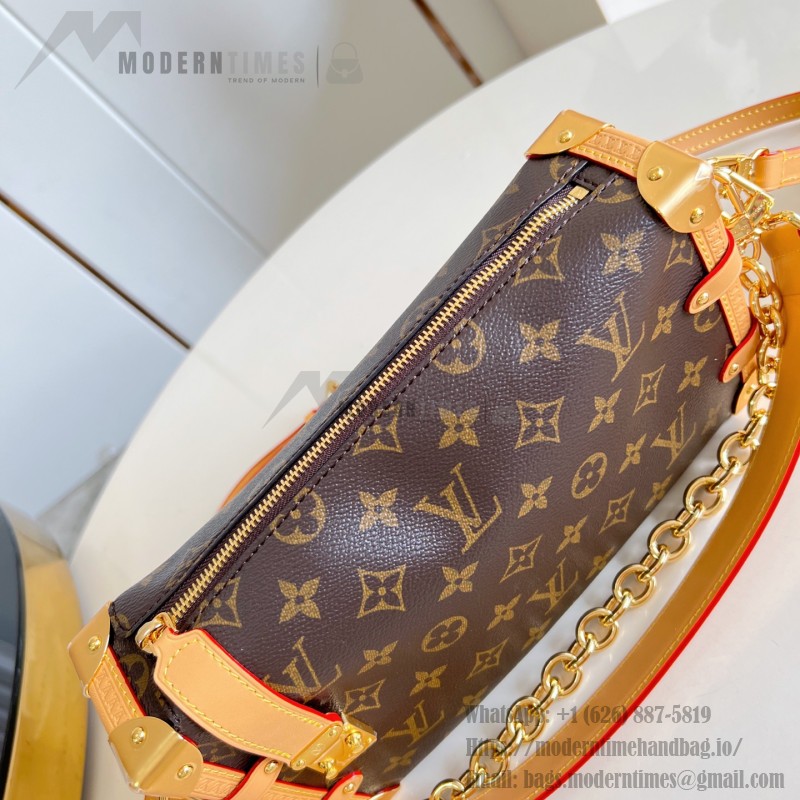  Louis Vuitton-inspired Side Trunk East West replica handbag in Monogram-style canvas with chain and trunk-style corners